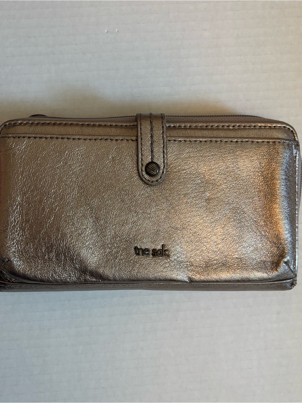 The Sak Metallic Pewter Leather Wallet Wristlet Crossbody